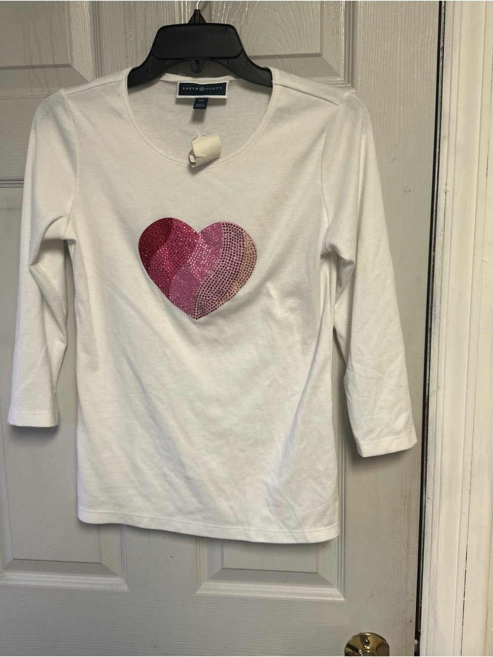 Karen Scott White Long-Sleeve Tee with Pink Sequin Heart